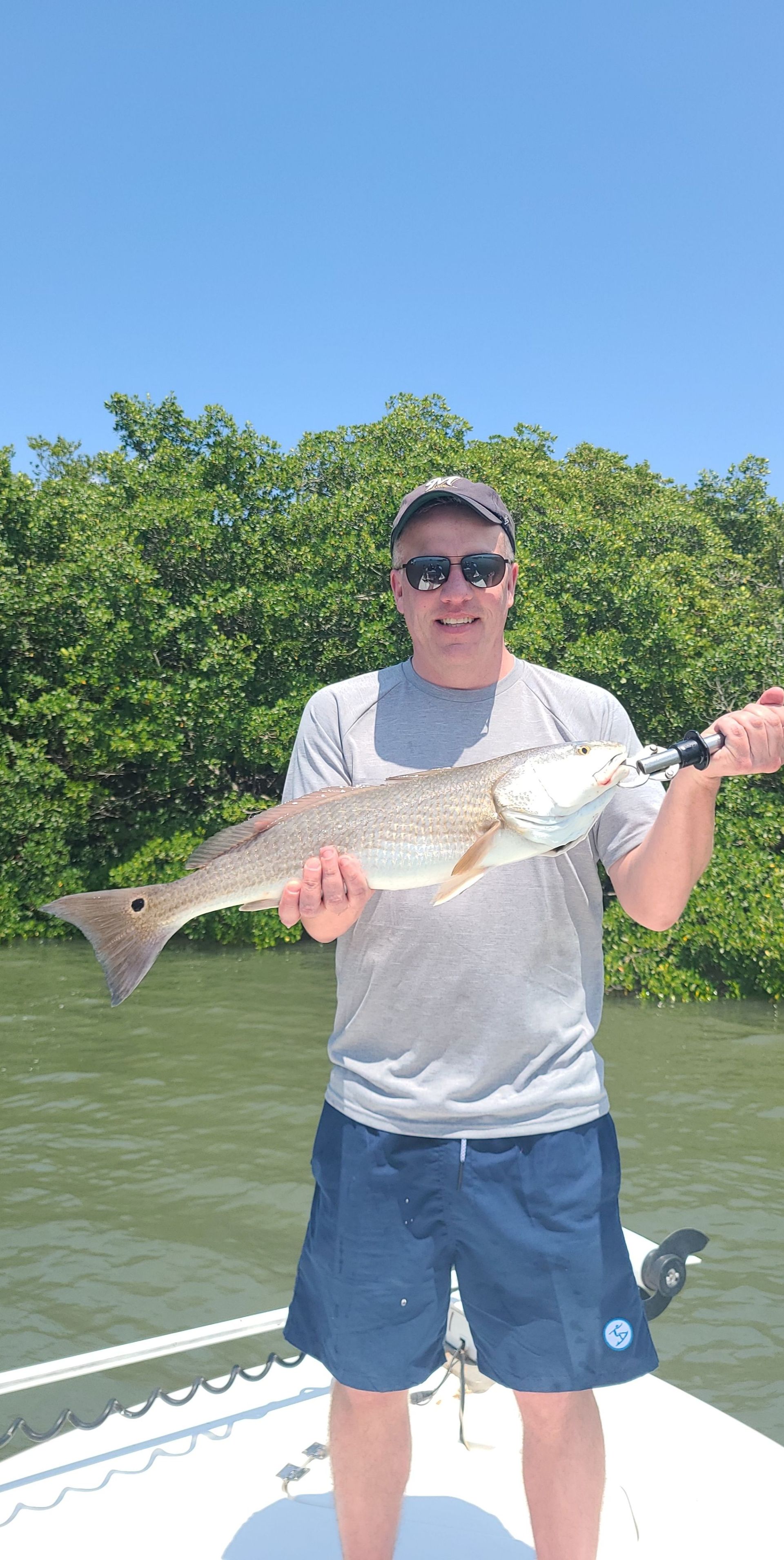 A man is standing on a boat holding a large fish.