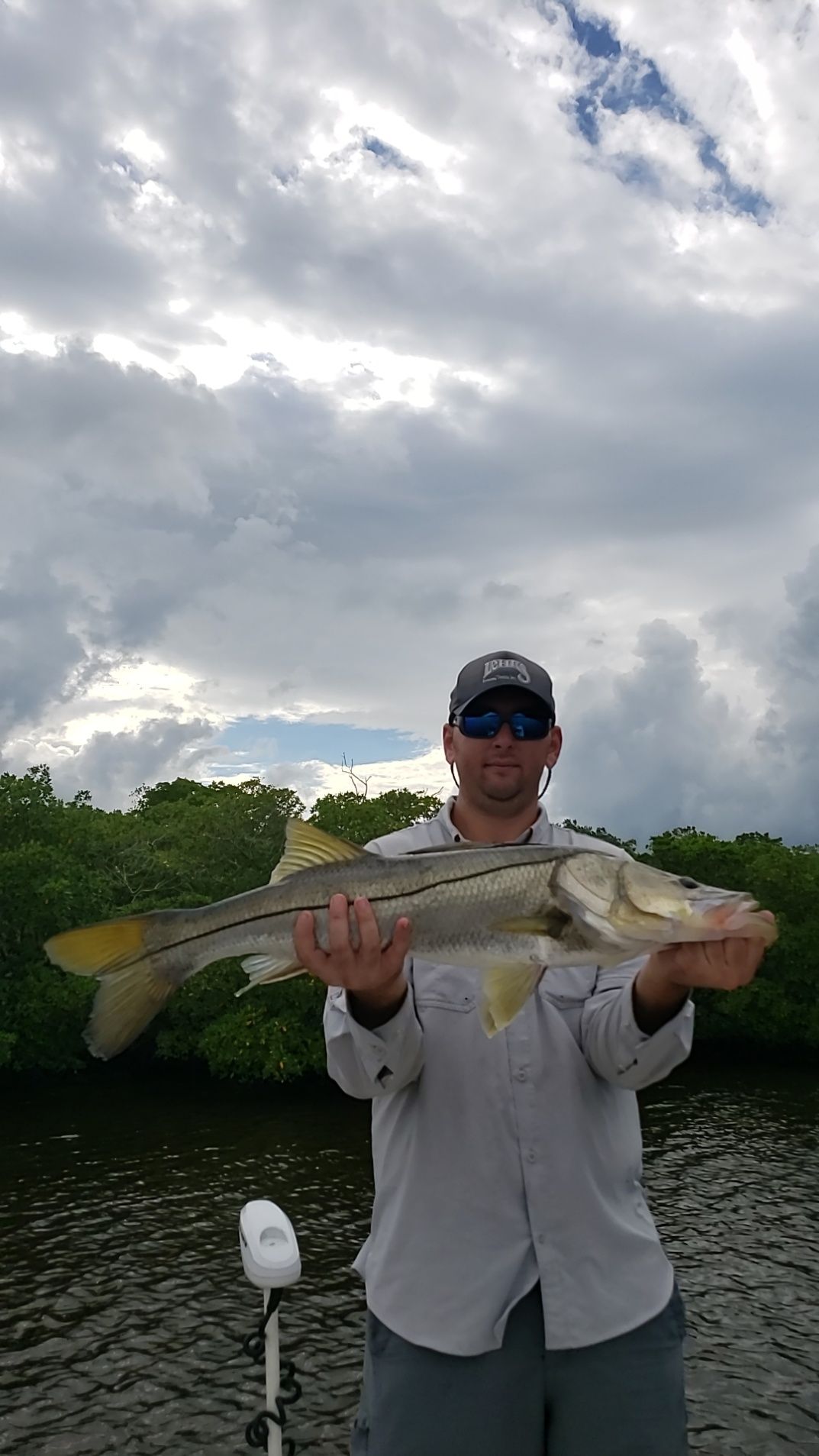 A man is holding a large fish in his hands in the water.