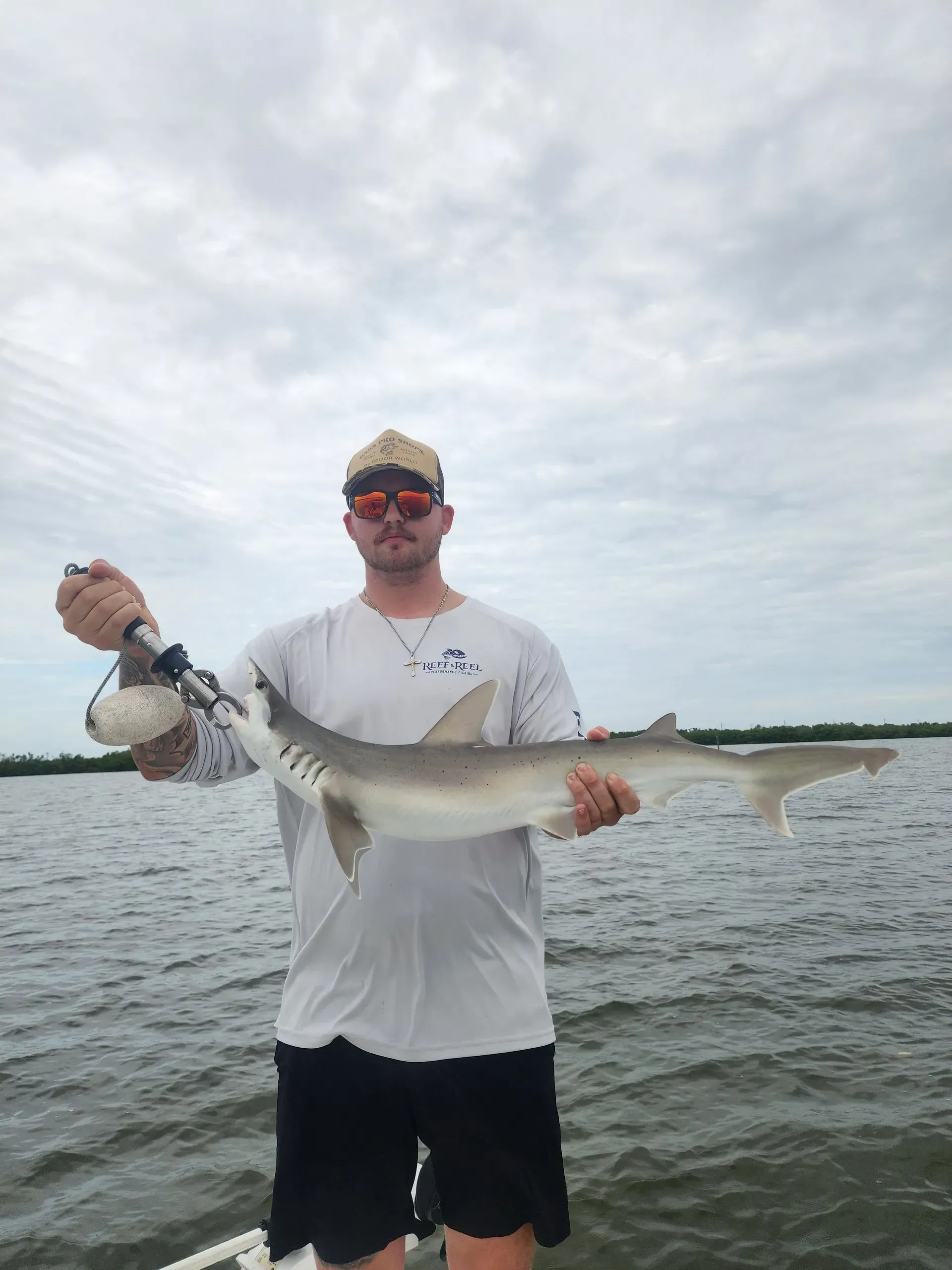 A man is holding a shark on a boat in the water.
