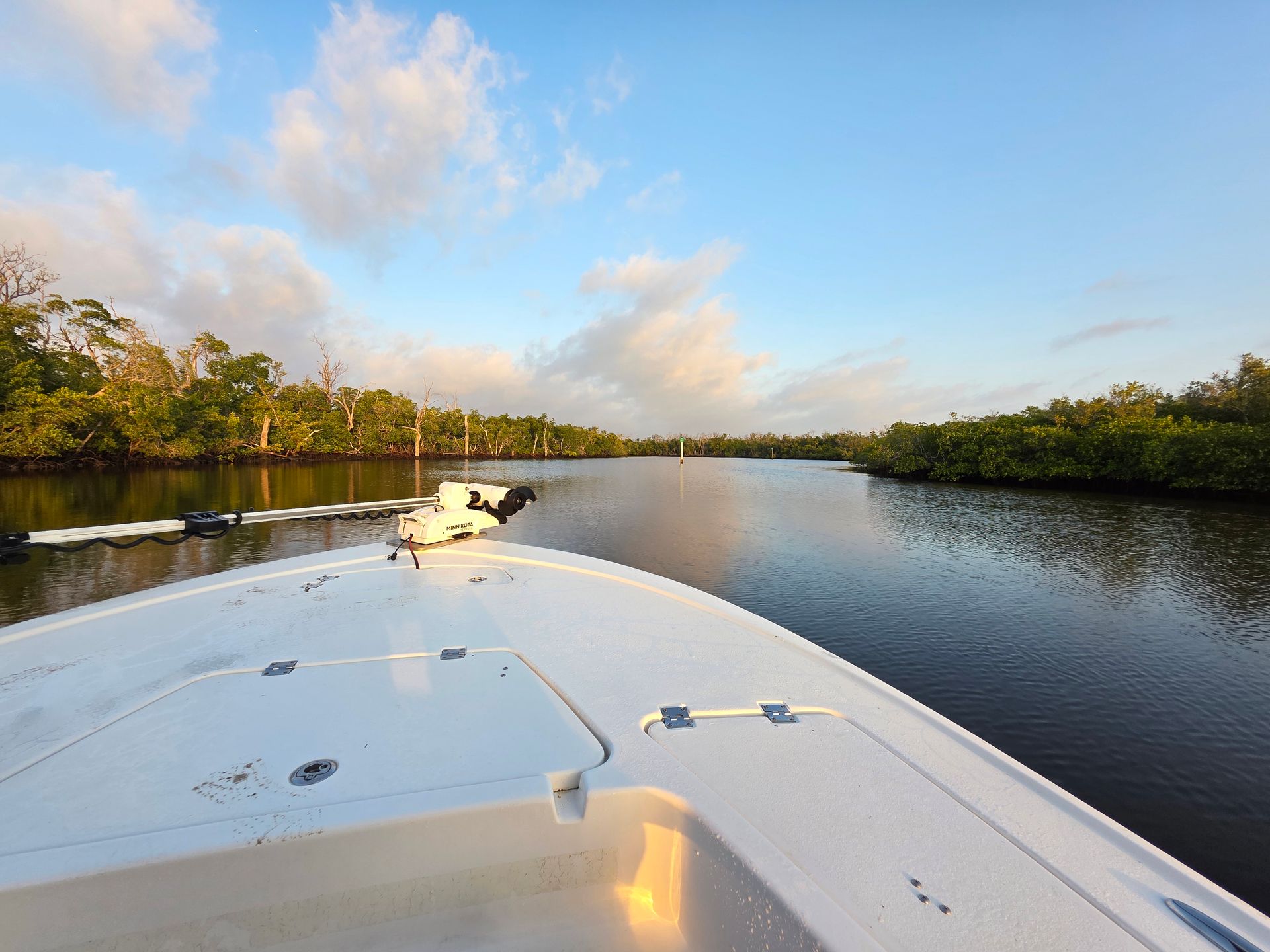 A boat is going down a river with trees on the shore.
