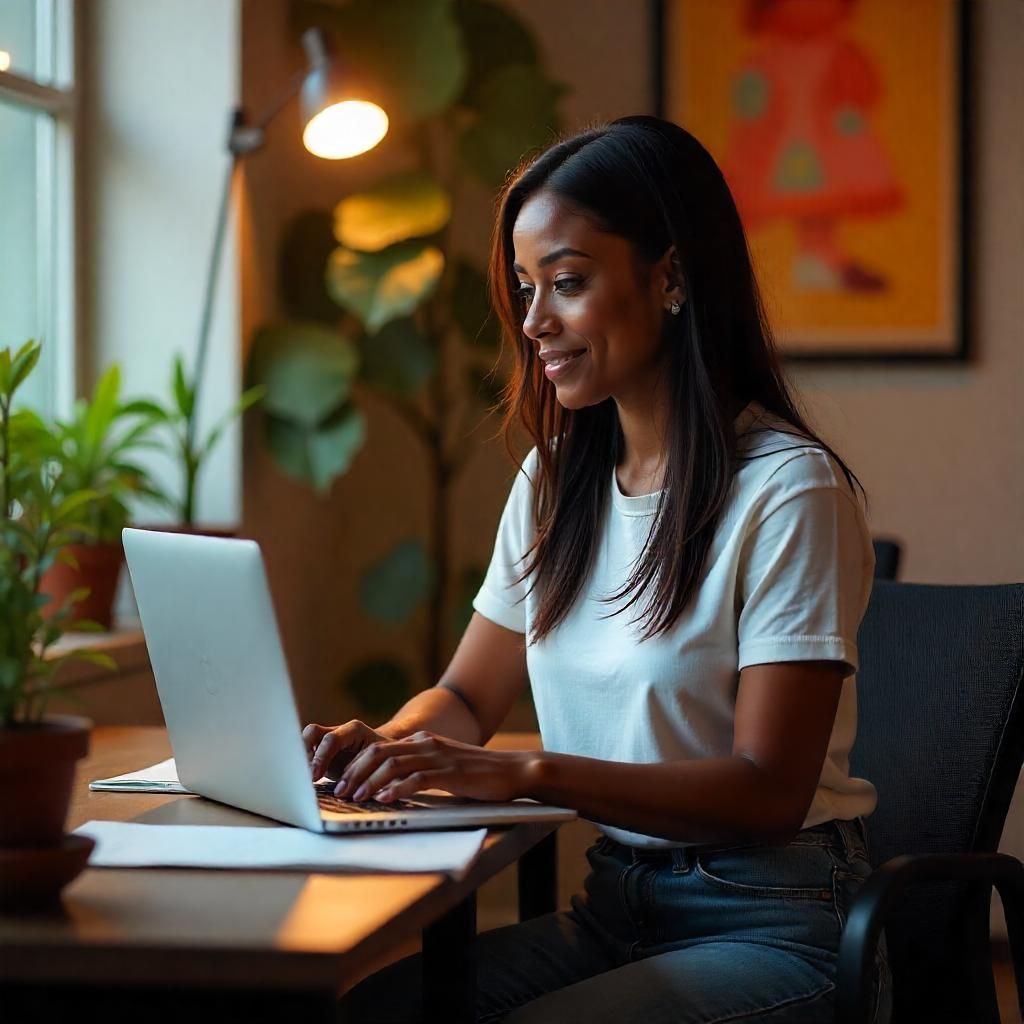 Femme travaillant sur un ordinateur portable à un bureau, souriante, avec des plantes et une lampe dans un bureau à domicile.