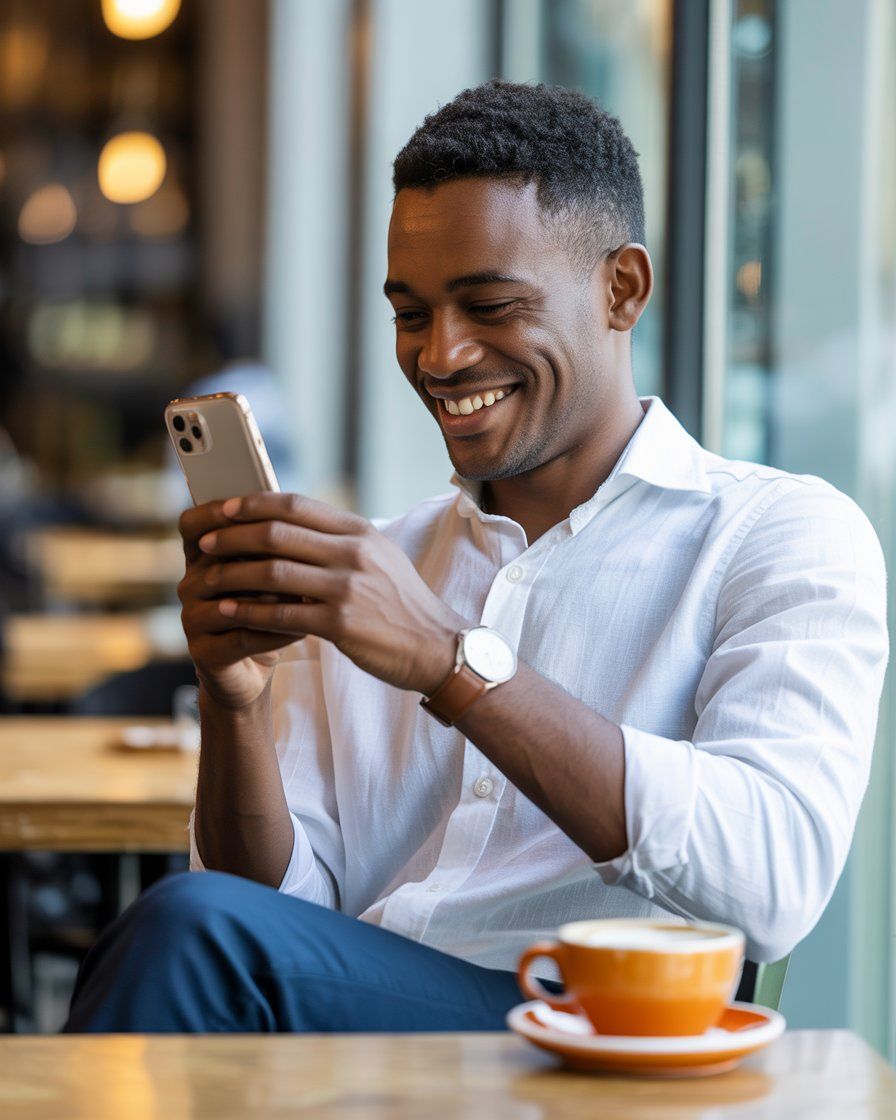 Un homme souriant devant son téléphone dans un café, vêtu d'une chemise blanche et d'une montre. Une tasse de café est posée sur la table.