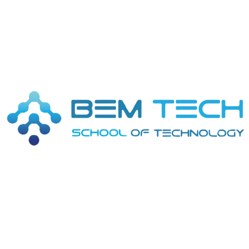 Logo de l'école de technologie Bem Tech avec graphique moléculaire bleu et texte.