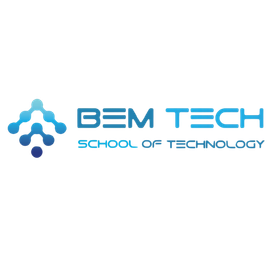 Logo de l'école de technologie Bem Tech avec graphique moléculaire bleu et texte.