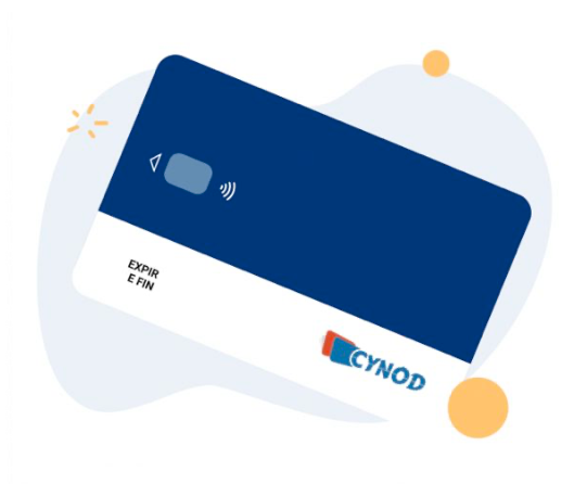 Carte Cynod bleue et blanche avec symbole de paiement sans contact, avec des accents orange.