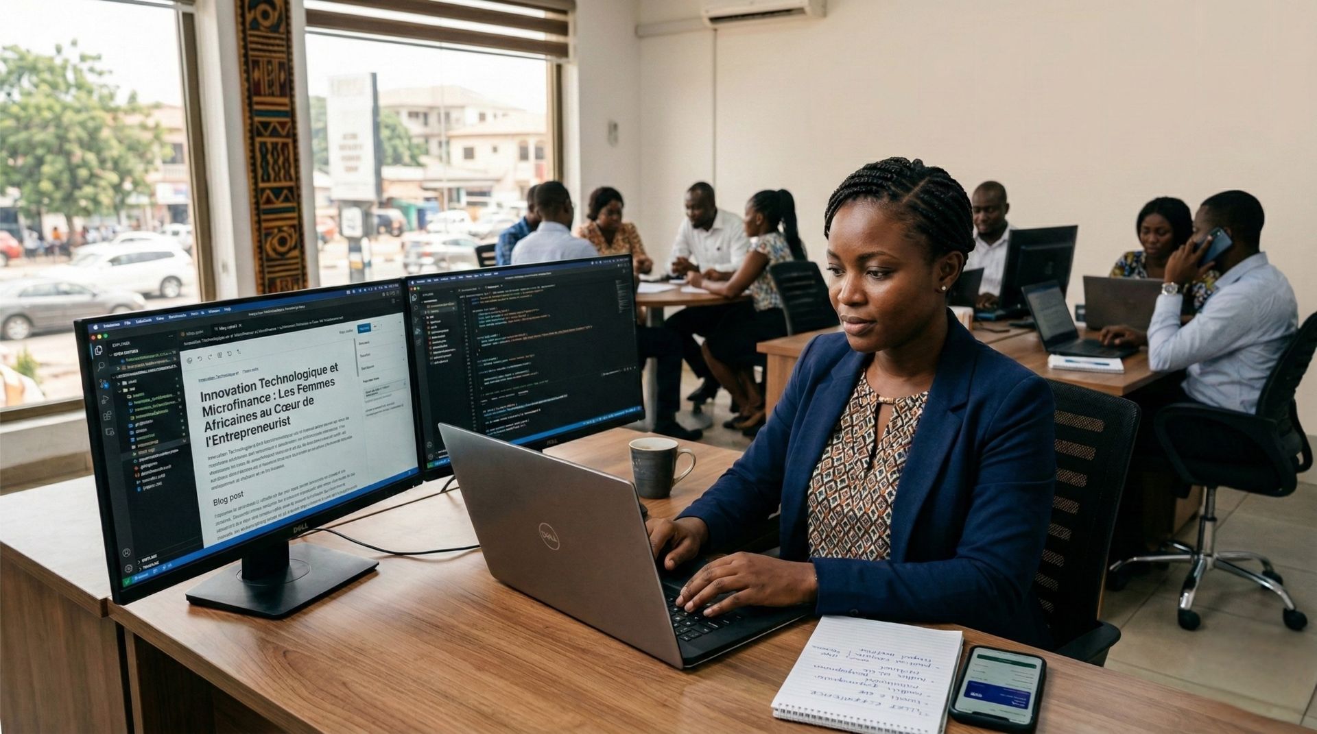 Woman coding at a desk with two monitors and a laptop in an office setting with other people working.