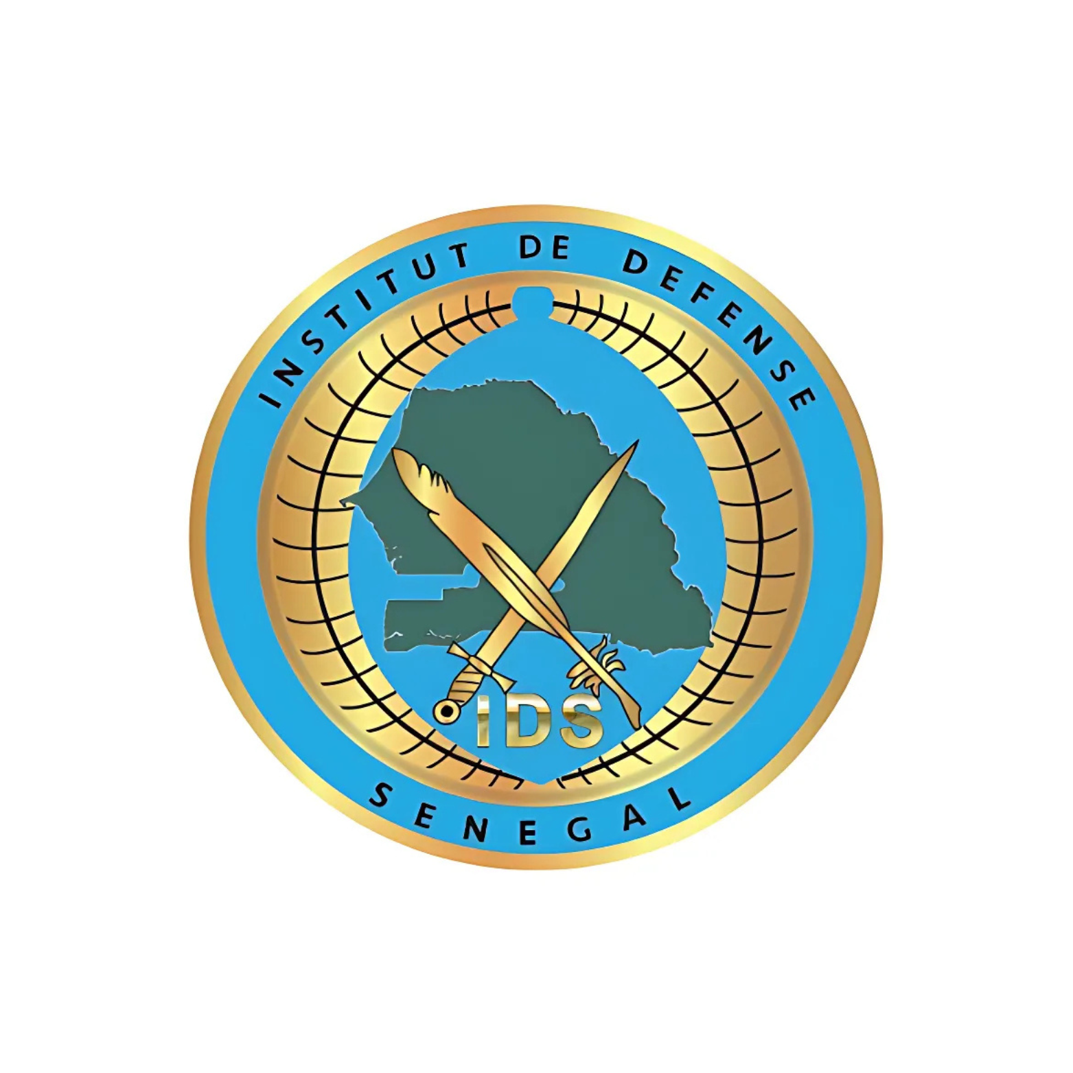 Emblème de l'Institut de Défense du Sénégal, bleu et or avec carte du Sénégal, épées croisées et texte.