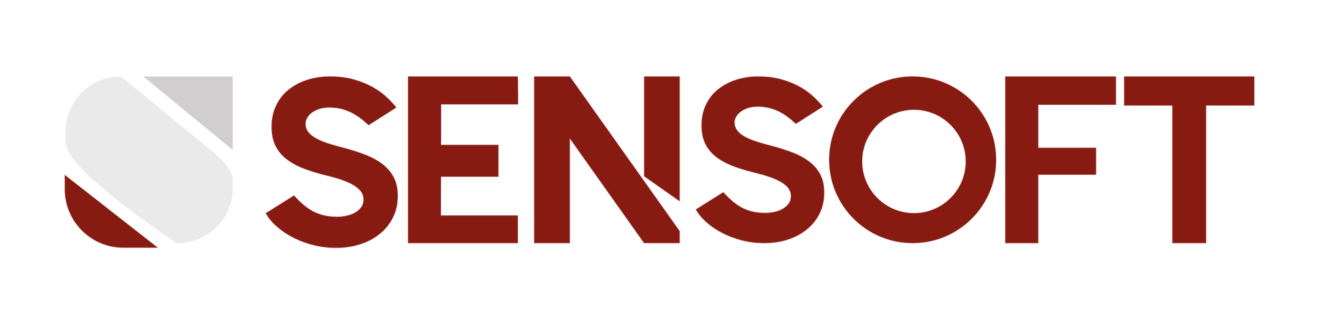 Un logo rouge et blanc pour Sensoft sur fond blanc