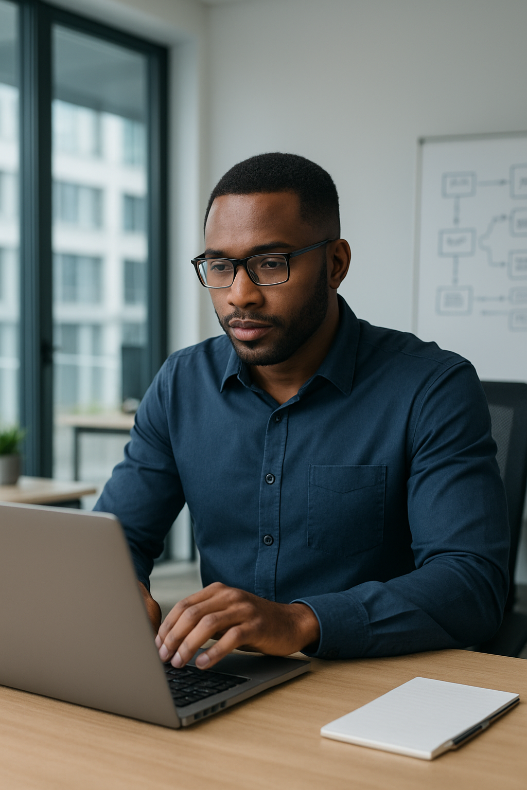 Un homme noir portant des lunettes tapant sur un ordinateur portable à un bureau dans un bureau moderne.