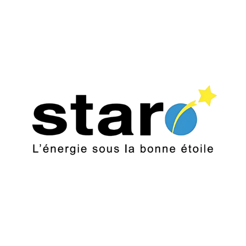 Logo pour « étoile » : texte noir avec un motif d'étoile et de globe. Le texte indique : « L'énergie sous la bonne étoile ».