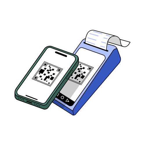 Le smartphone affiche un code QR à côté d'un terminal de point de vente bleu avec un code QR et un reçu.