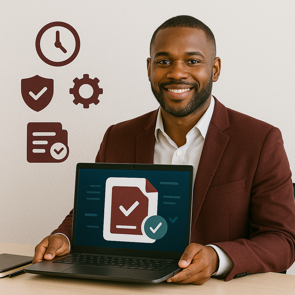 Un homme noir souriant en blazer tient un ordinateur portable avec des icônes de documents.