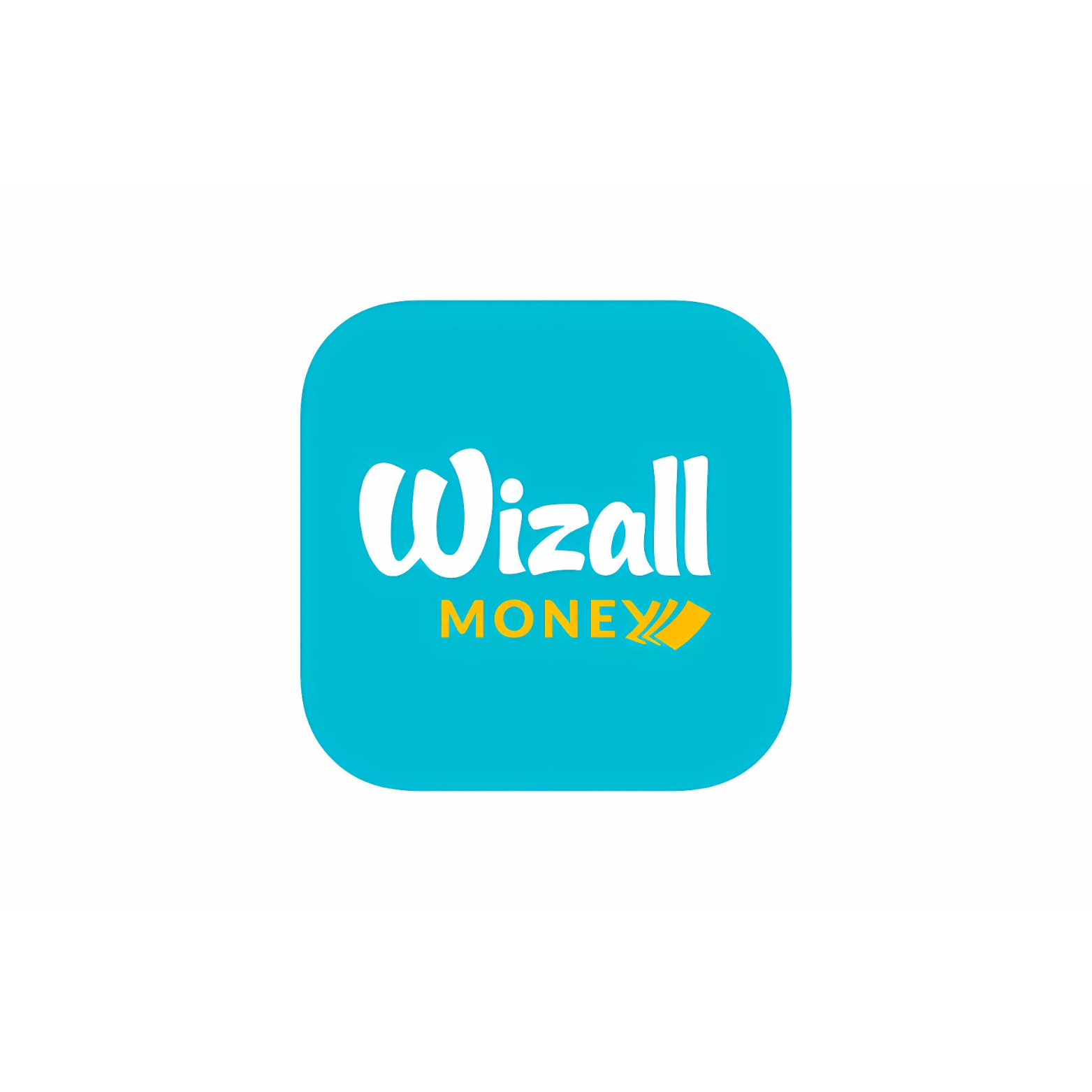 Logo Wizall Money : écriture blanche sur un carré arrondi bleu, avec « MONEY » en jaune et une flèche jaune.