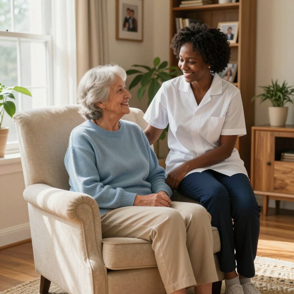 A caregiver in a white uniform sits beside a smiling person in a blue sweater who is seated in a living room chair.