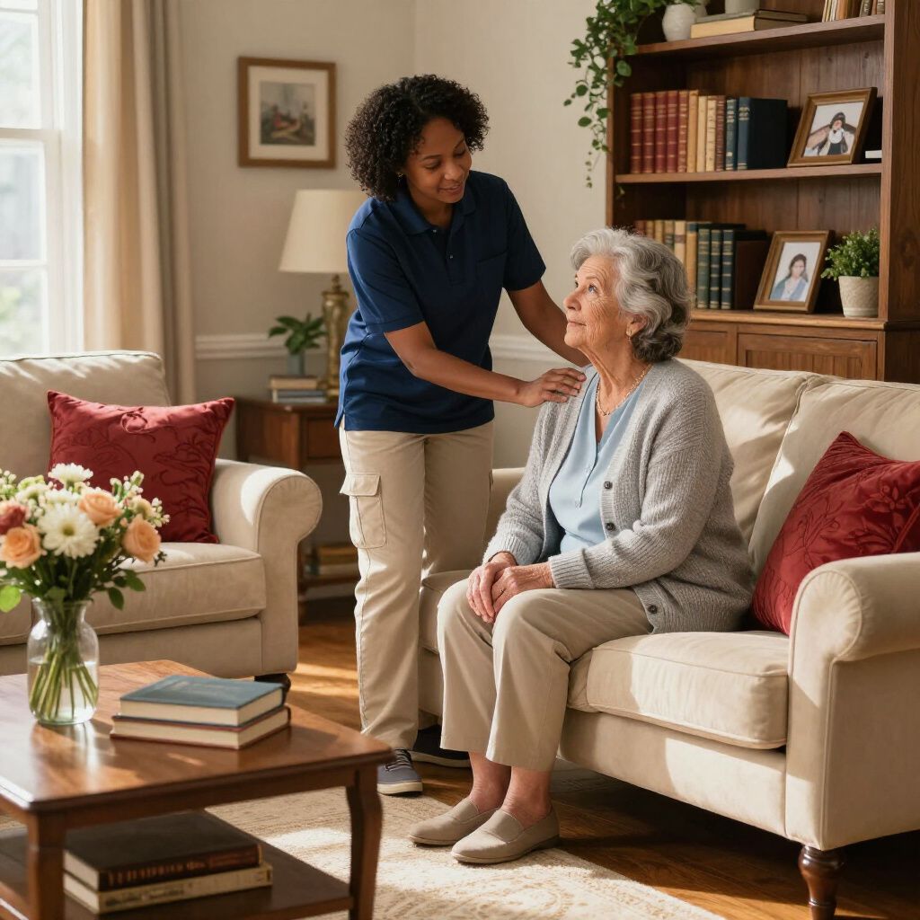 A caregiver stands behind a seated person, placing a gentle hand on their shoulder in a comfortably furnished living room.
