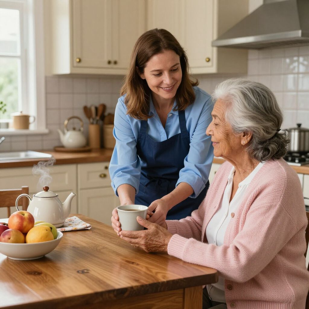 A caregiver in an apron serves a hot beverage to an older person at a kitchen table with a bowl of fruit.