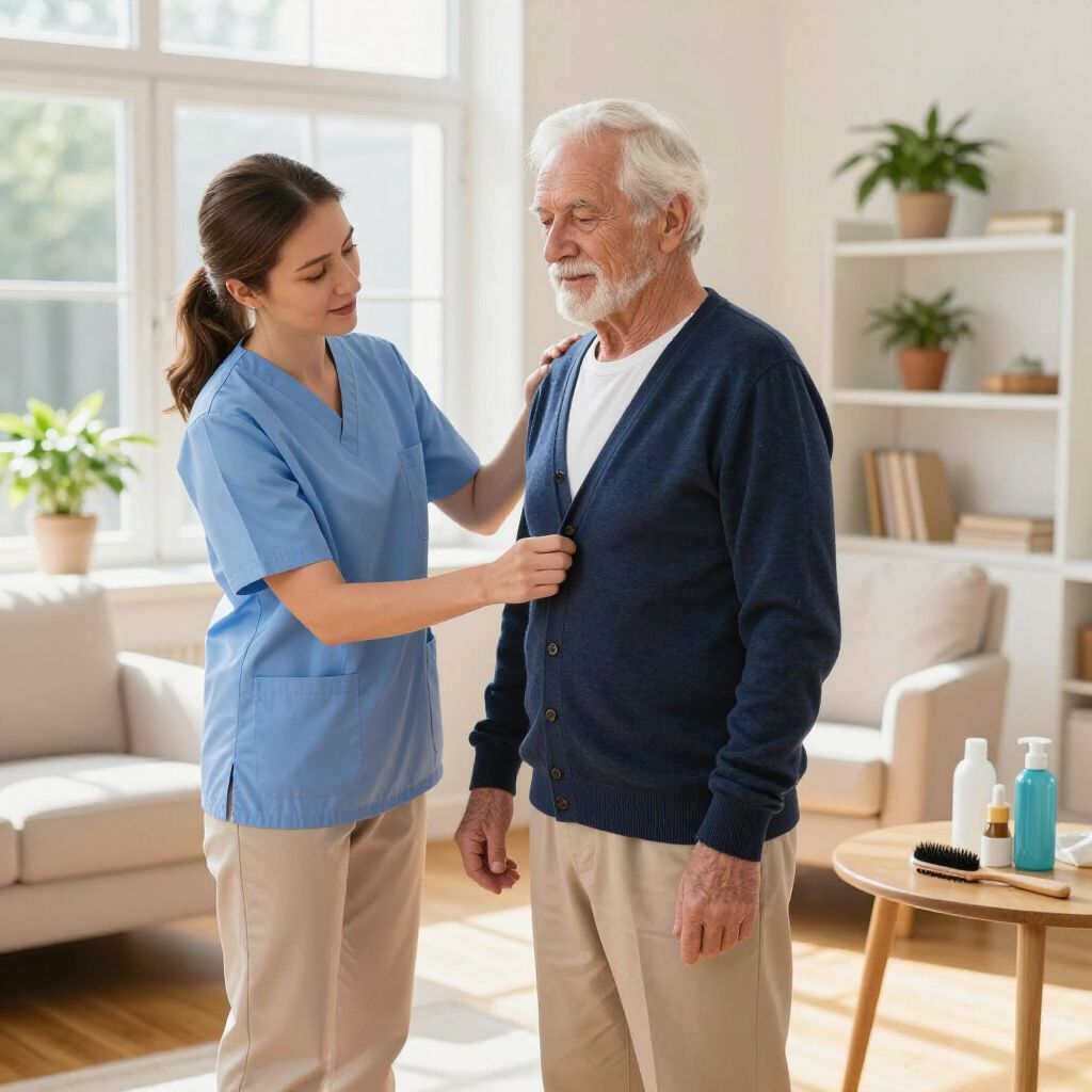 A healthcare worker in blue scrubs helps an older adult button their cardigan in a bright, home-like room.