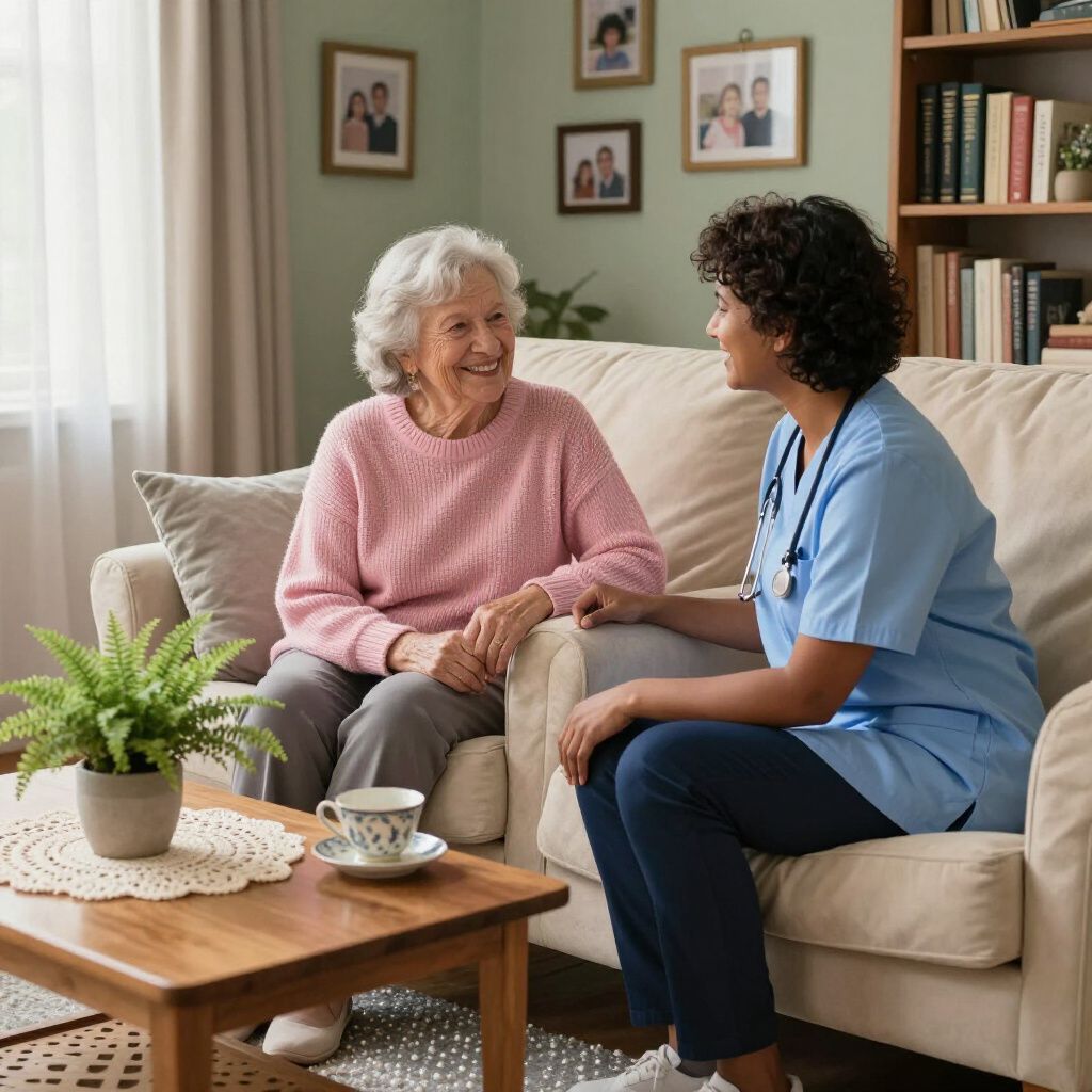 A healthcare worker in blue scrubs sits on a couch and talks with an elderly person in a pink sweater in a living room.