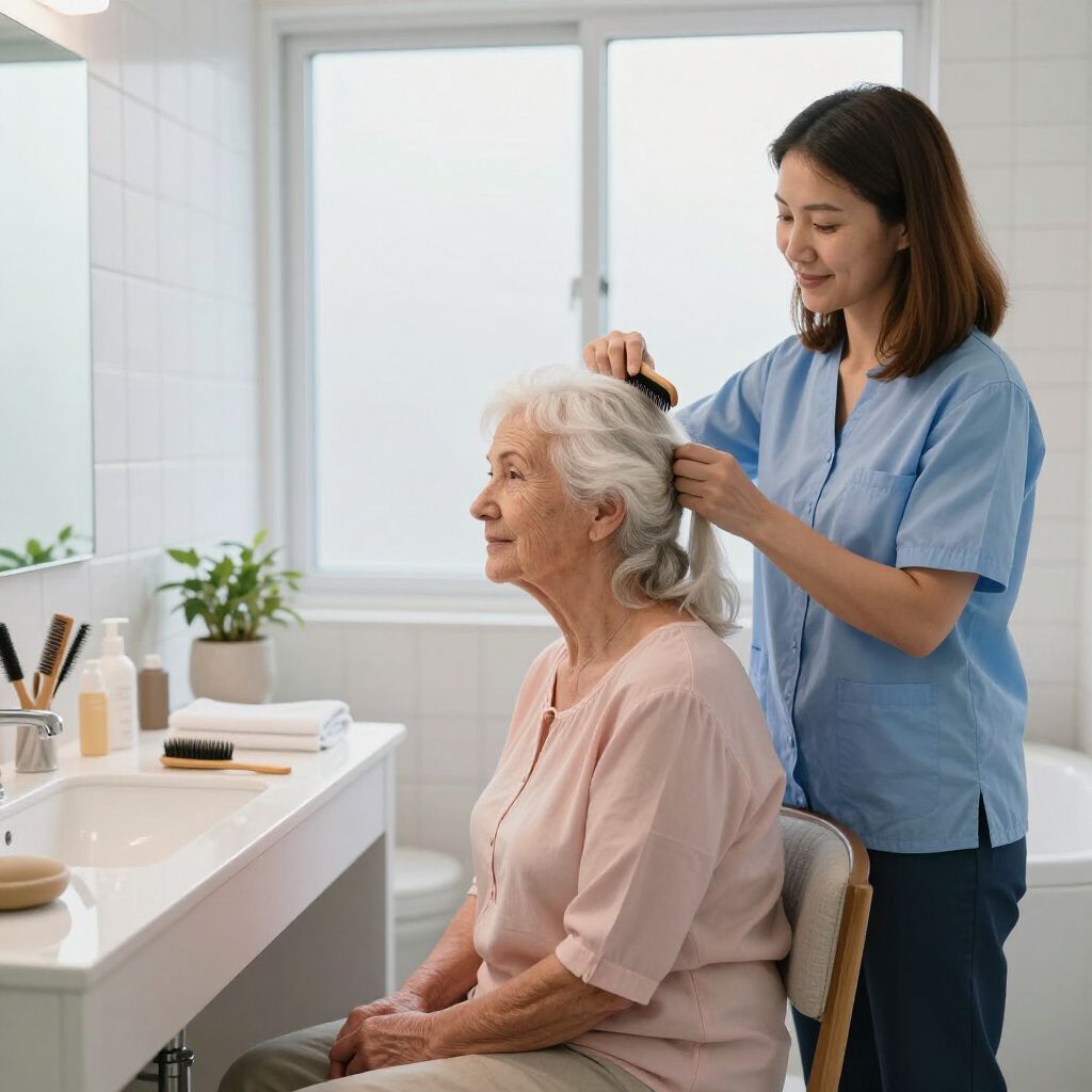 A healthcare worker in blue scrubs helps an elderly person brush their hair in a bright, modern bathroom.