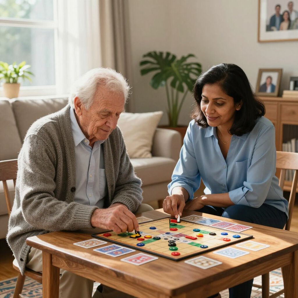 An older adult and a younger person sit at a wooden table playing a board game together in a bright, cozy living room.