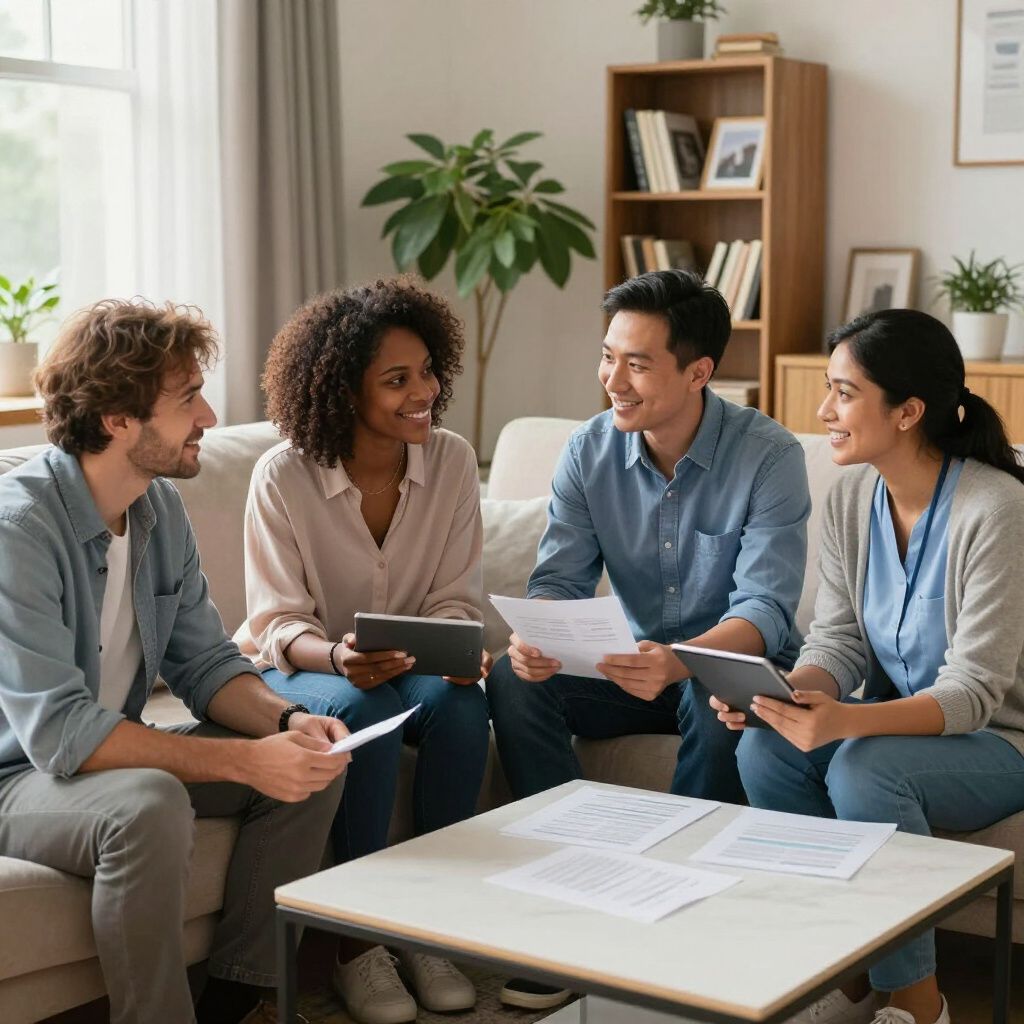 Four people sit on a sofa in a bright living room, engaged in a collaborative discussion while reviewing documents.