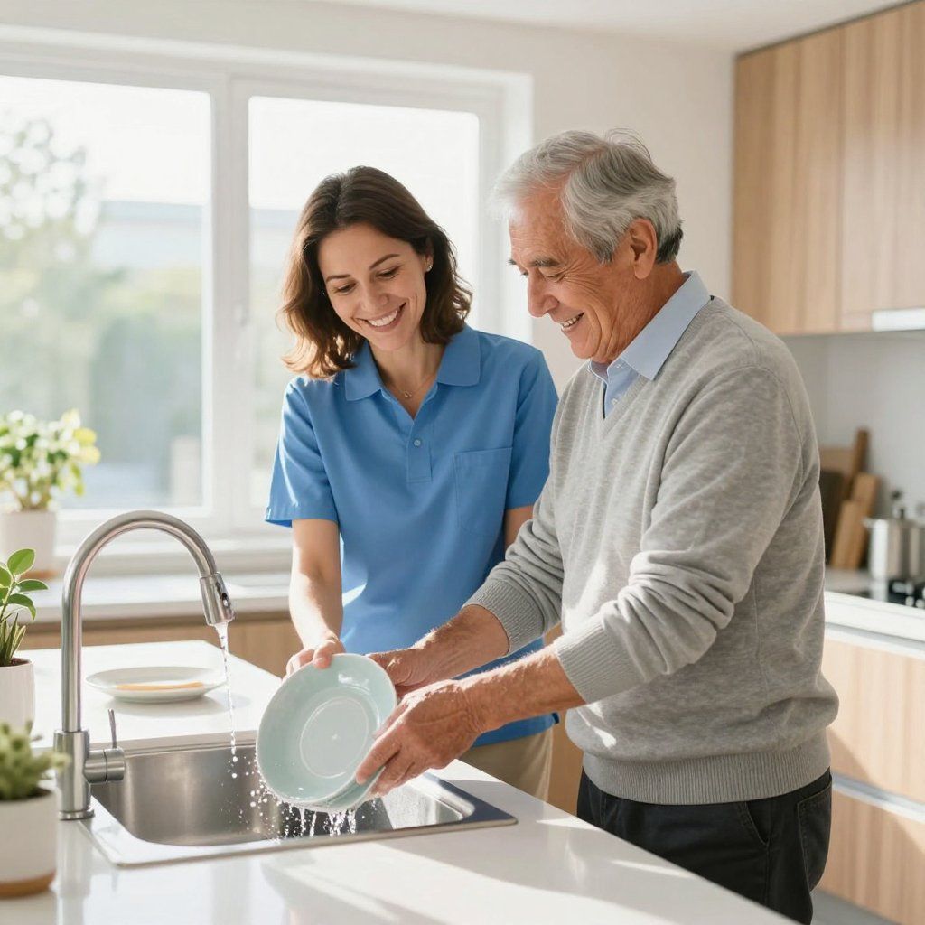 A person in a blue uniform and an older person wash a plate together at a kitchen sink.