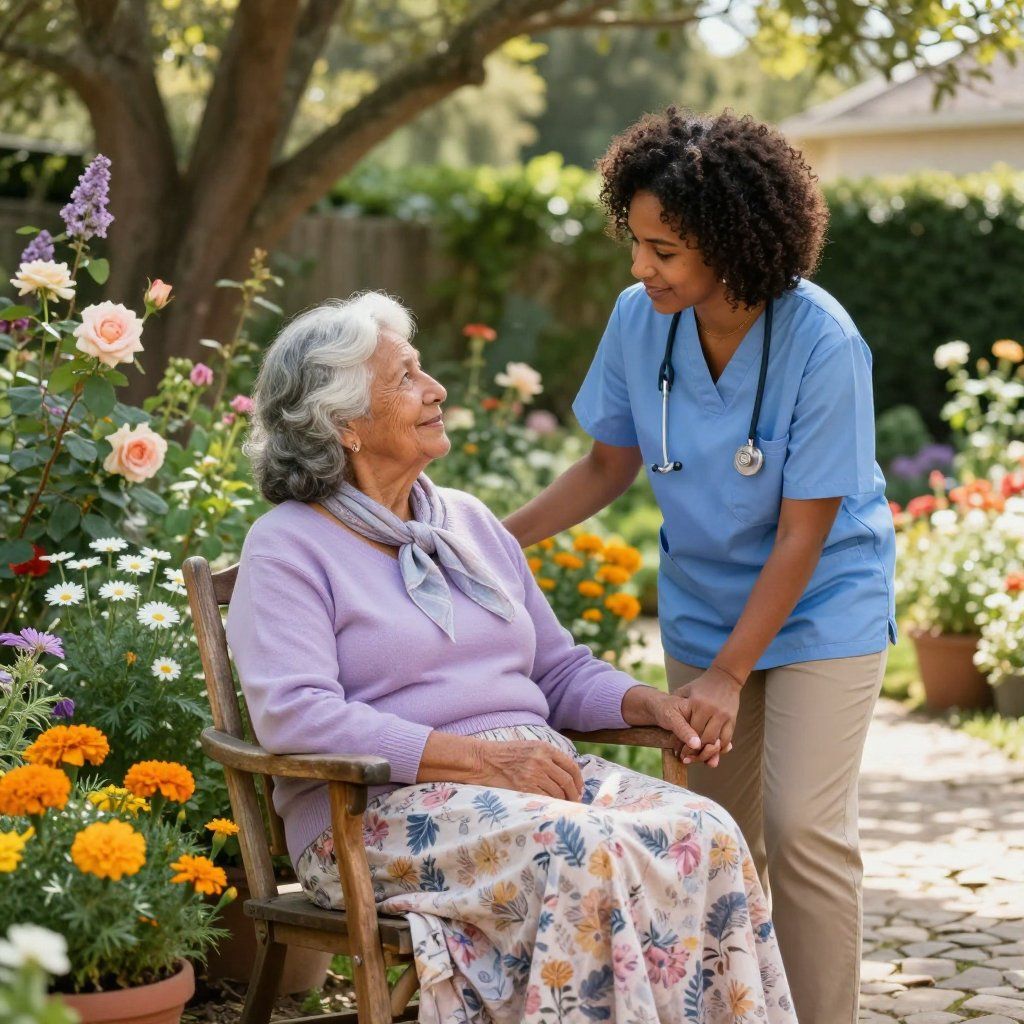 A healthcare worker in blue scrubs holds the hands of a person seated in a wooden chair surrounded by a garden of flowers.