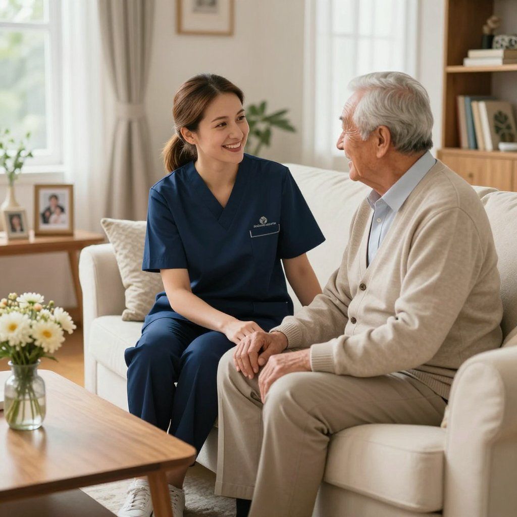 A professional caregiver in blue scrubs smiles while holding the hands of a person sitting on a sofa in a living room.