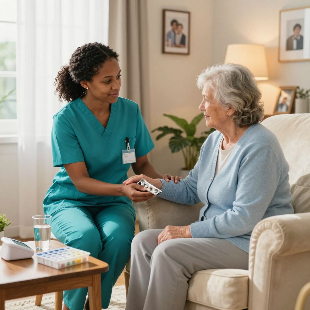 A healthcare worker in teal scrubs hands medication to an older person seated in a living room chair.