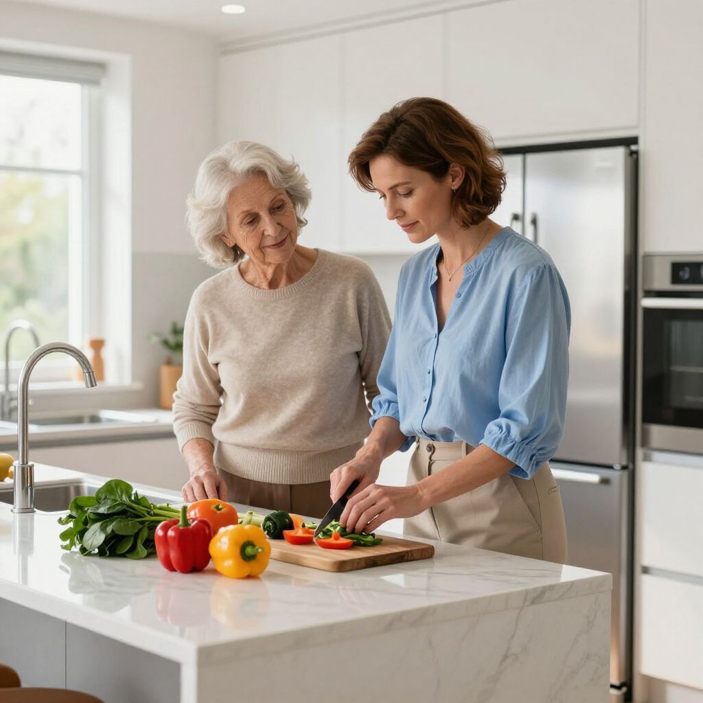 Two people prepare a meal together in a bright kitchen, one slicing colorful bell peppers on a wooden cutting board.