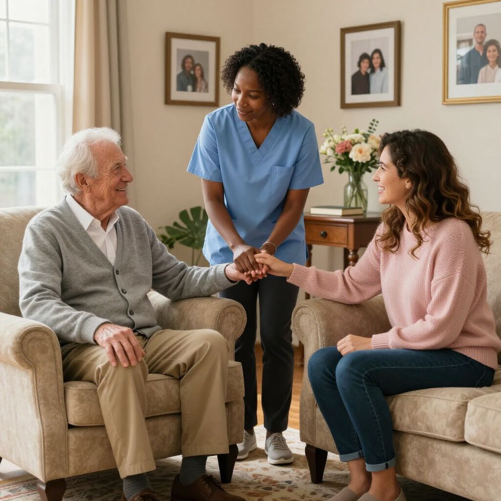 A healthcare worker stands between an older person in a chair and a woman on a sofa, all holding hands in a bright room.