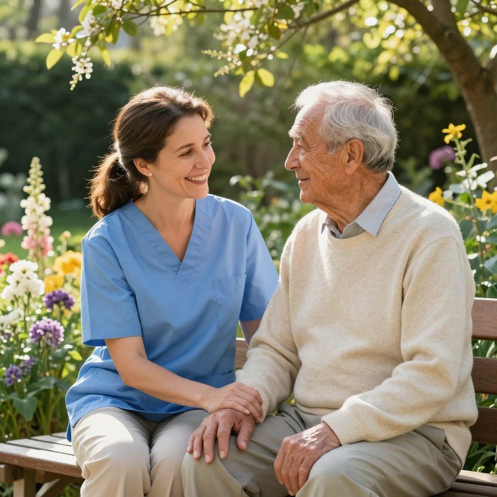 A smiling caregiver in blue scrubs holds hands with an individual while sitting together on a garden bench.