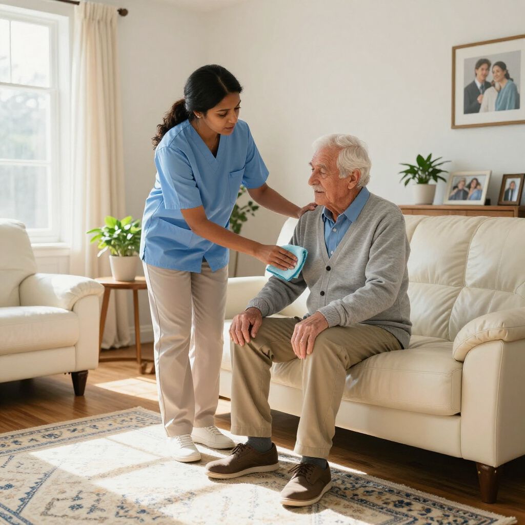 A caregiver in blue scrubs uses a blue cloth to assist an elderly man sitting on a sofa in a living room.