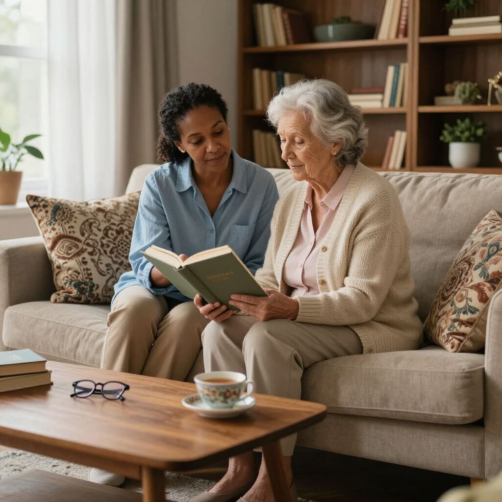 A person sits on a sofa, reading a book aloud to an older individual, with a coffee table, books, and bookshelf nearby.