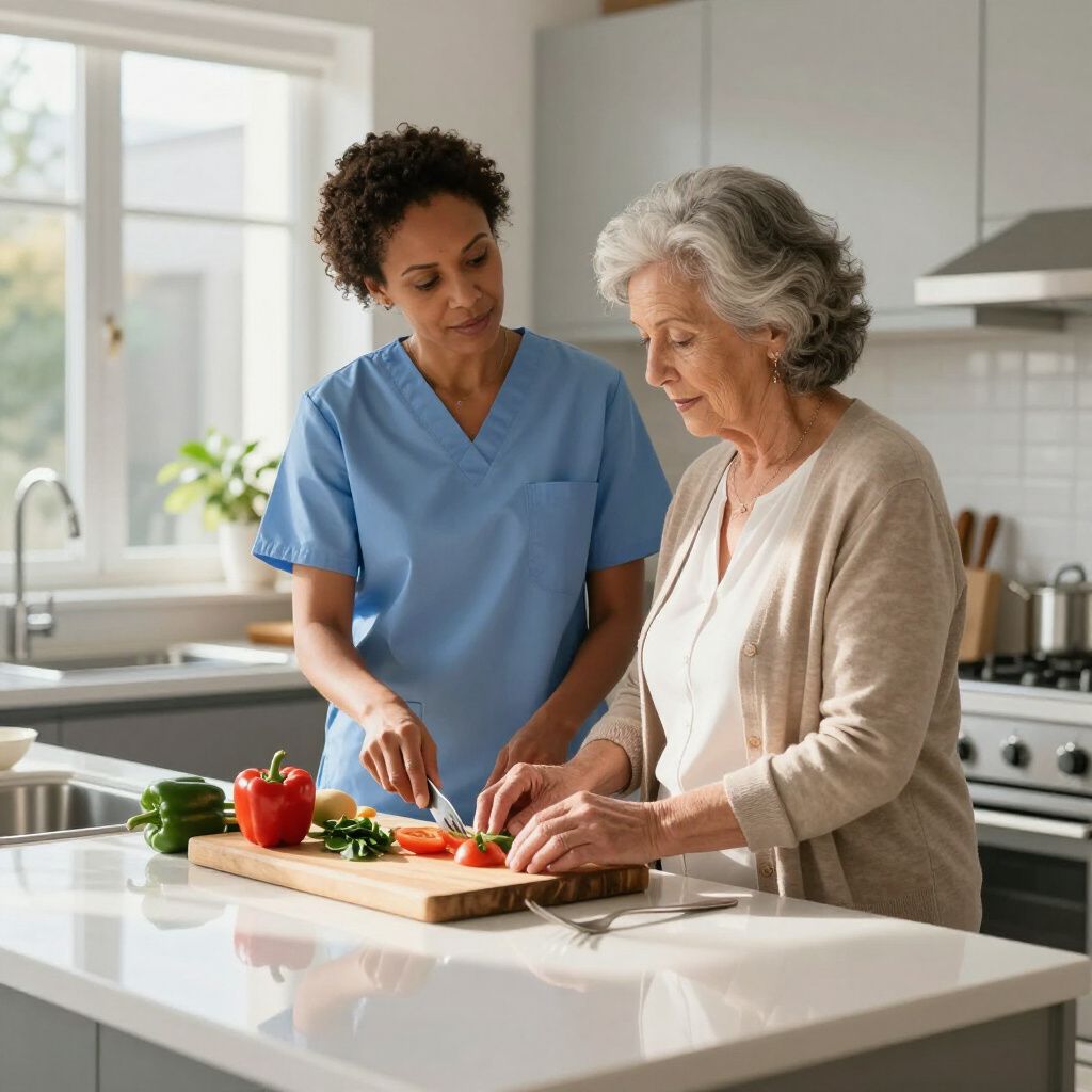 A caregiver in a blue scrub top assists an individual in a beige cardigan with chopping vegetables on a kitchen island.