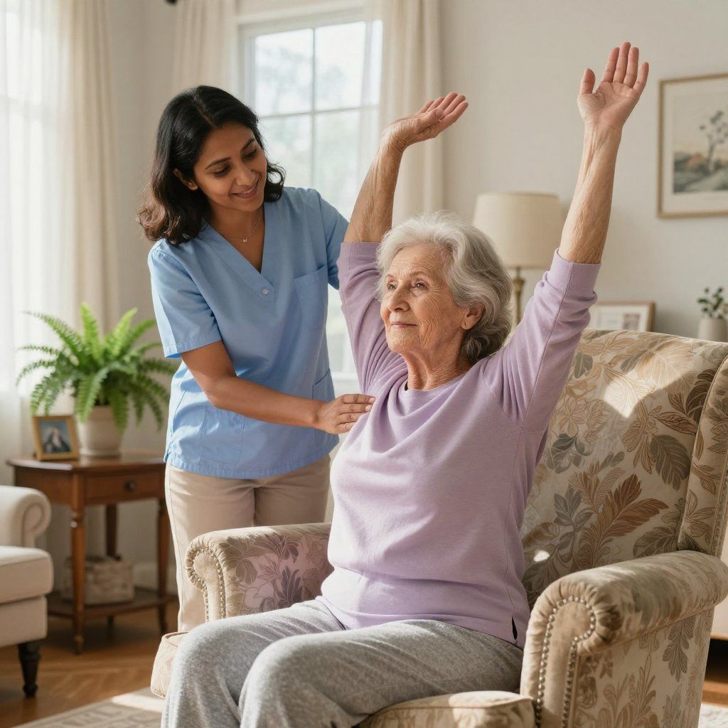 A caregiver assists an older individual in a lavender long-sleeved shirt as they perform arm-raising exercises in a home.