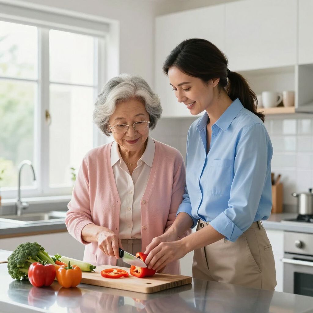 Two people in a home kitchen prepare vegetables together, slicing a bell pepper on a wooden cutting board.