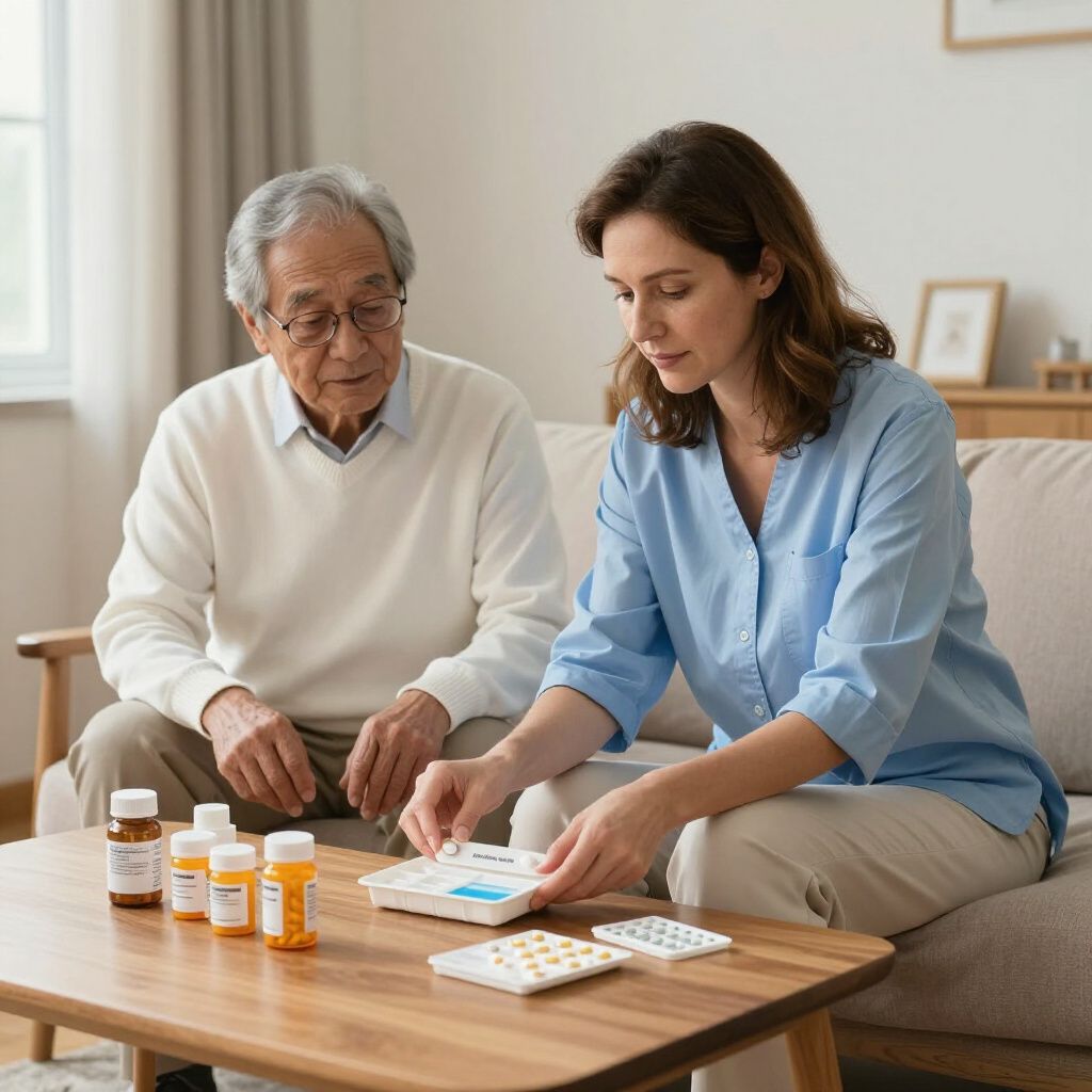 A person assists another by organizing medications into a pill planner at a table in a living room.