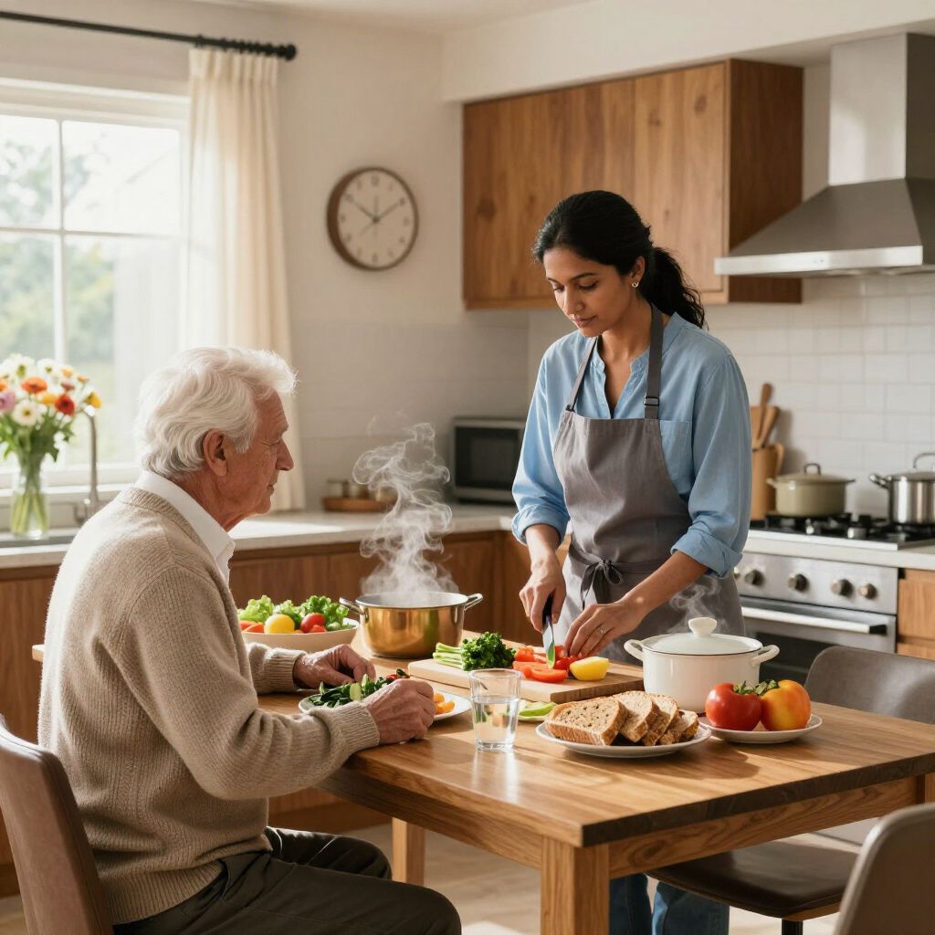 A woman in an apron prepares fresh vegetables in a kitchen while a seated man waits at a wooden table near a steaming pot.