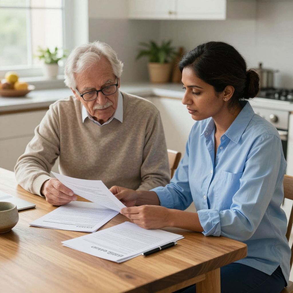 Two people review documents at a wooden dining table in a kitchen.