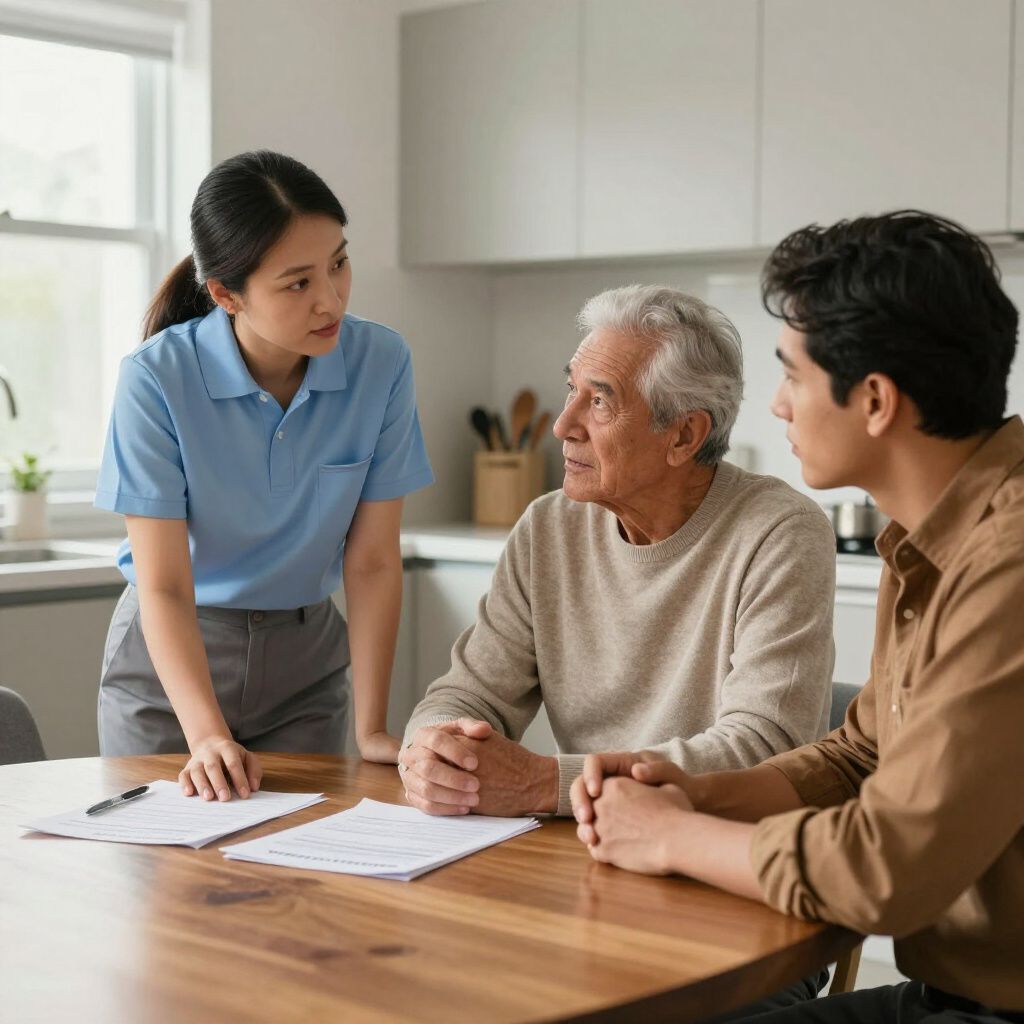 A care professional discusses documents with two people seated at a wooden table in a bright, modern kitchen.