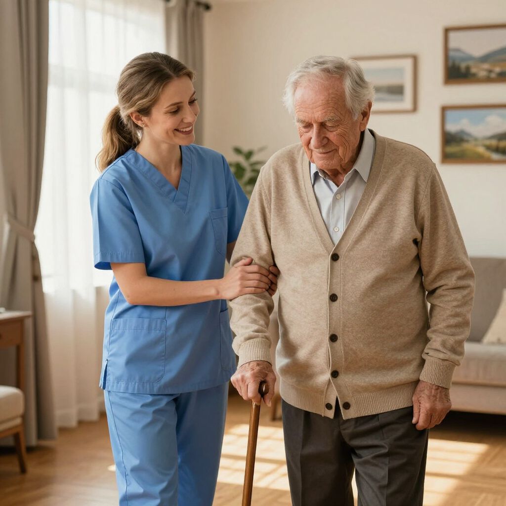 A smiling caregiver in blue scrubs assists a person using a cane while walking in a bright living area.