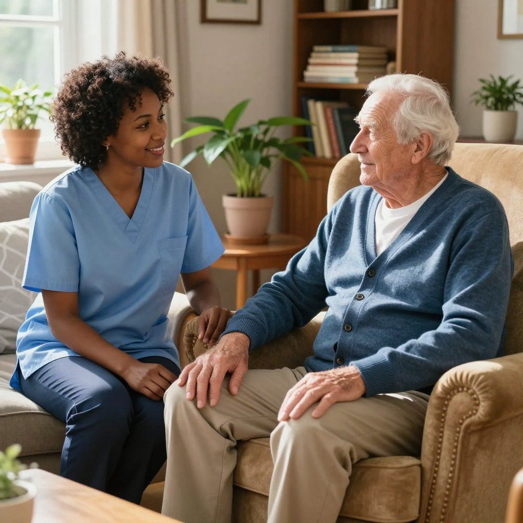 A smiling healthcare worker in blue scrubs sits on a sofa, chatting with a person resting in an armchair in a home.