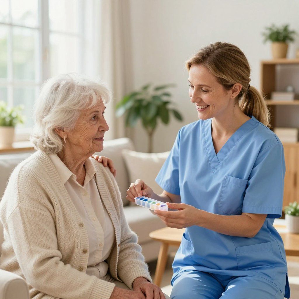 A caregiver in blue scrubs smiles while offering a weekly pill organizer to an individual in a beige cardigan.