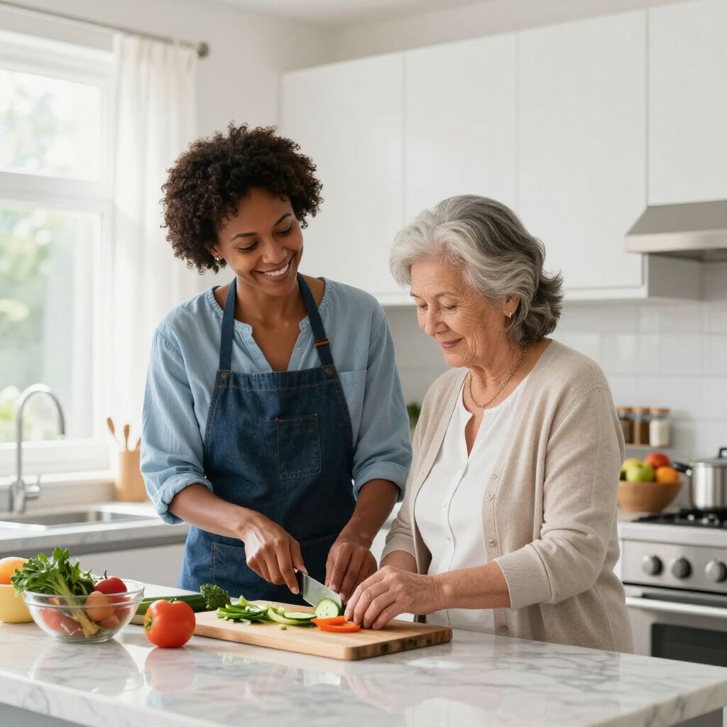 A person in an apron and an older adult stand together in a bright kitchen, smiling while slicing vegetables for a meal.