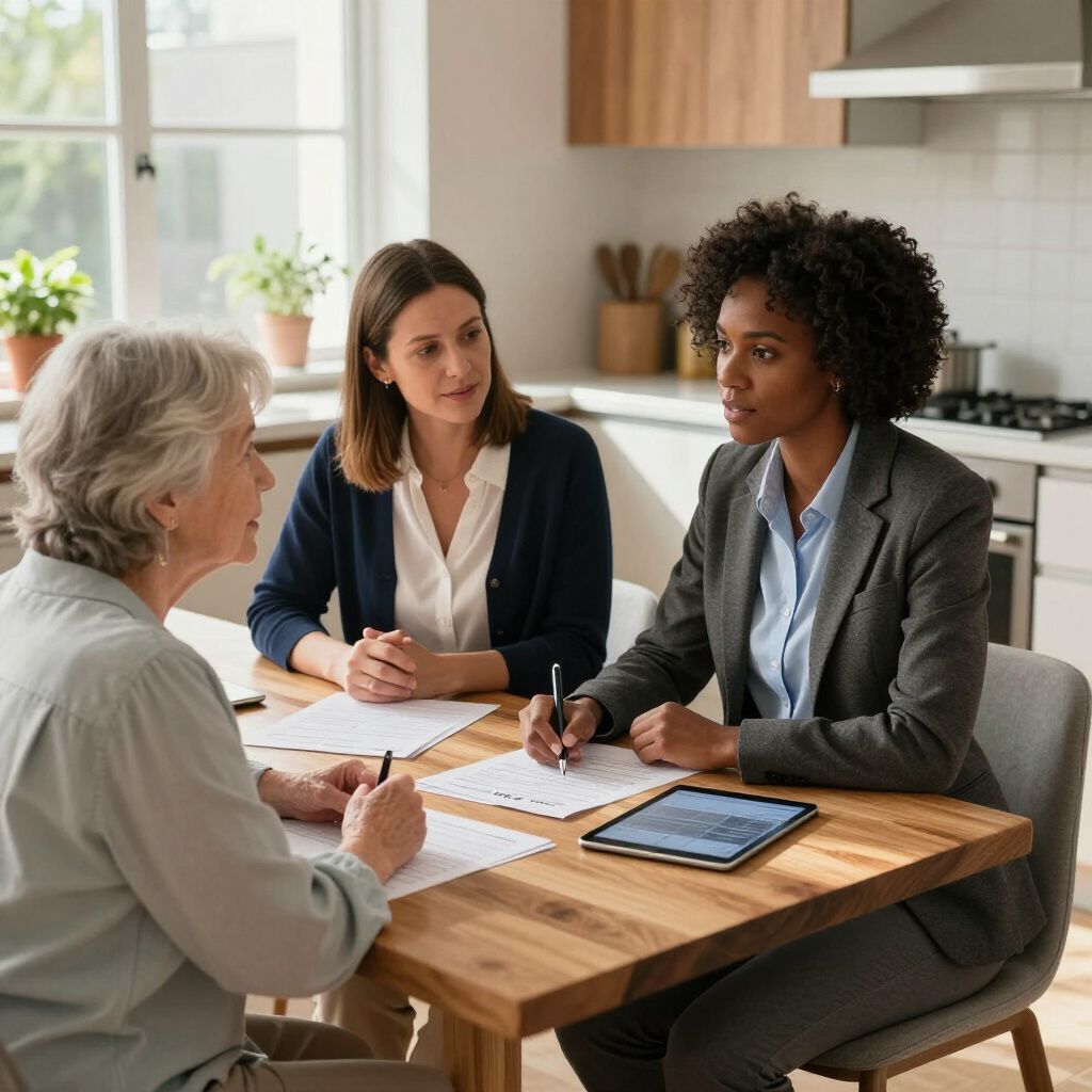 Three people sit around a wooden table in a bright kitchen, discussing documents and looking at a tablet together.