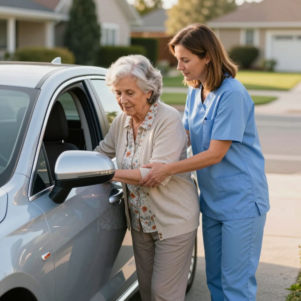 A caregiver in blue scrubs assists an individual into the passenger seat of a silver car parked in a residential area.