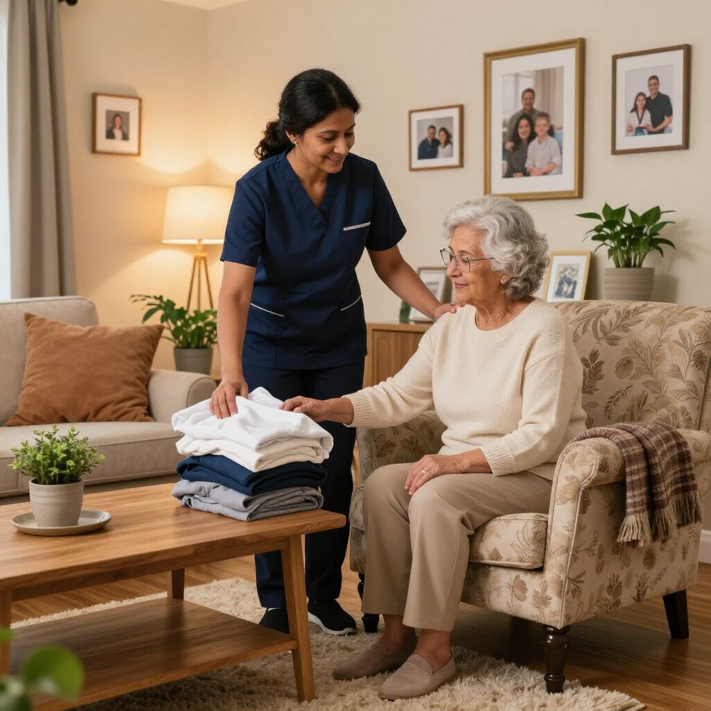 A caregiver stands by a senior in a cozy living room, assisting them with a neatly folded stack of clothing.