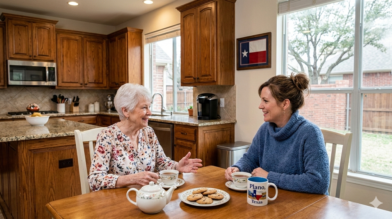Adult daughter talking with elderly mother at kitchen table in Plano Texas home