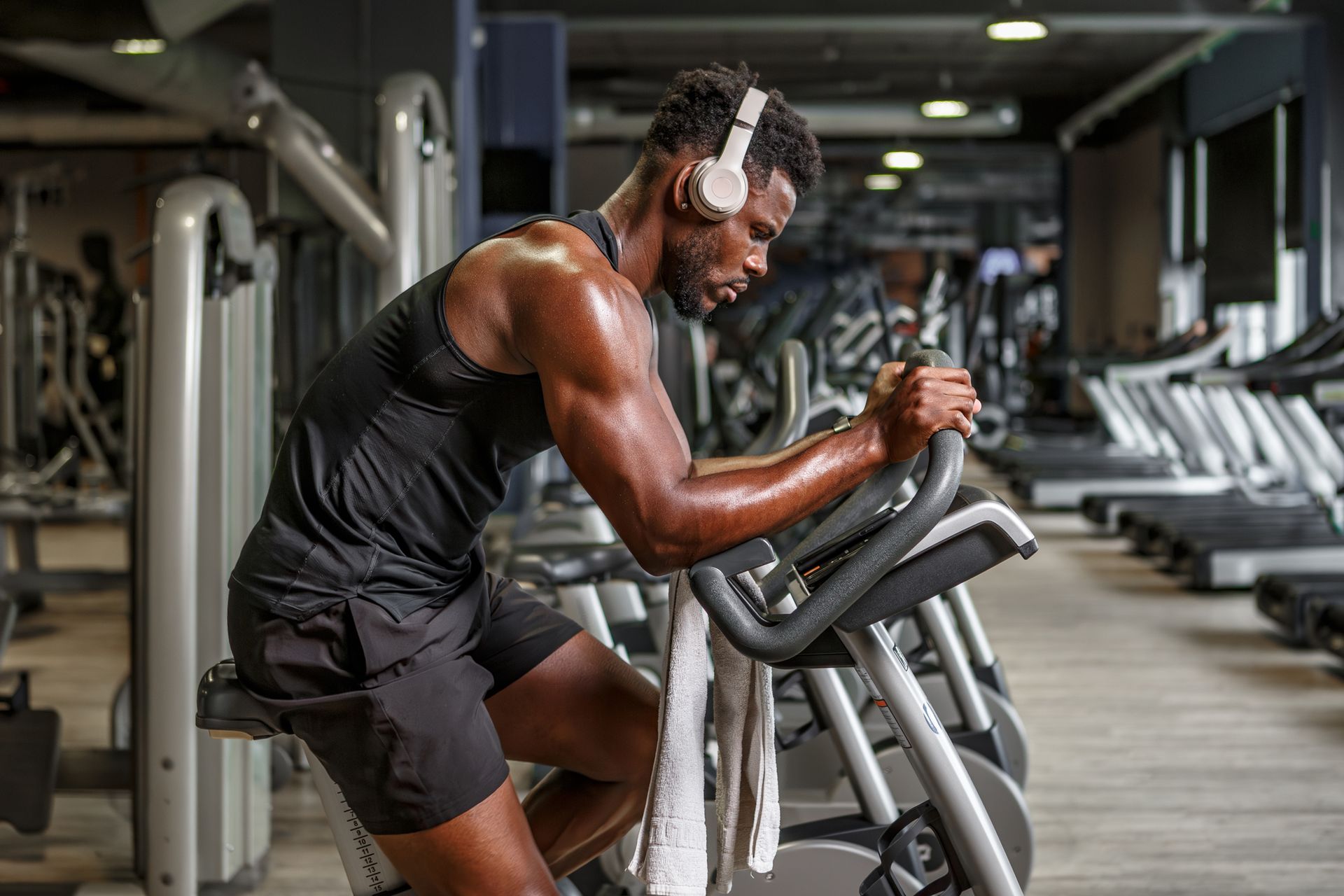 A man wearing headphones is riding an exercise bike in a gym.